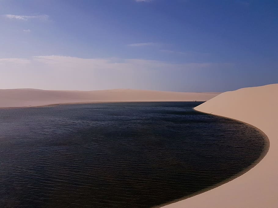 body of water beside sand, dessert with body of water in the middle HD wallpaper
