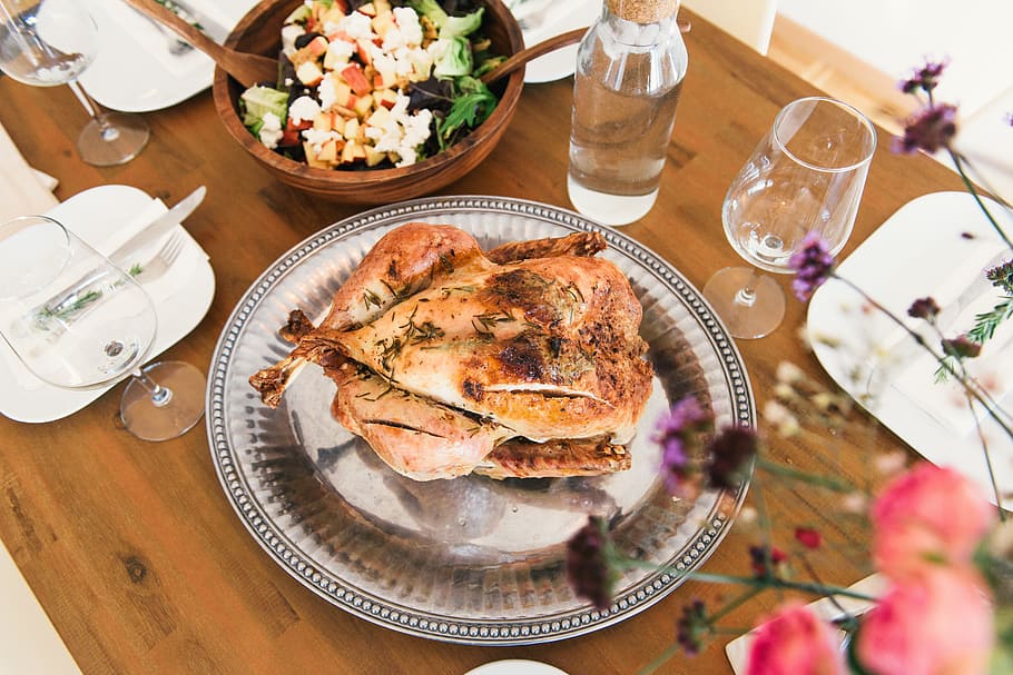 roasted chicken on gray plate, dinner, meal, table, dining HD wallpaper