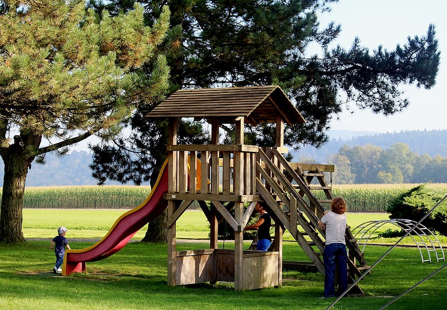 children playing near slide, playground, climbing tower, autumn, HD wallpaper