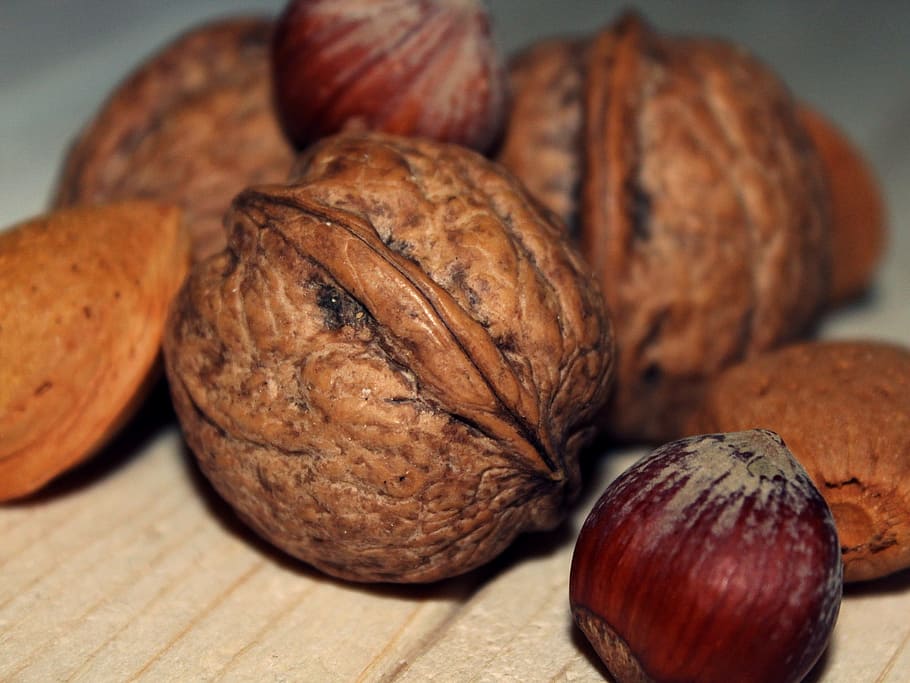 nuts on table, walnut, hazelnut, almonds, food, delicious, nibble HD wallpaper