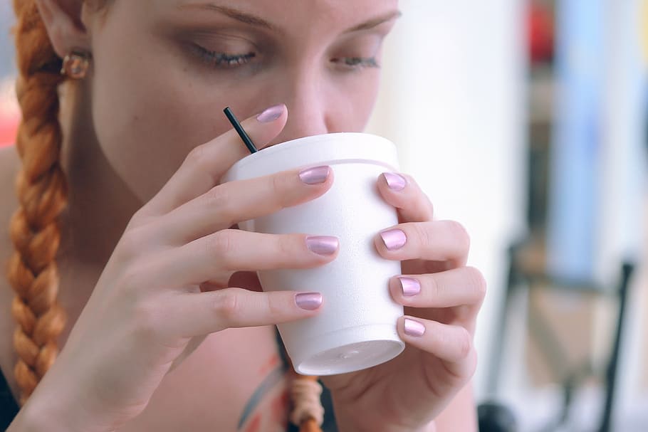 woman drinking on white disposable cup, tea, beverage, hot HD wallpaper