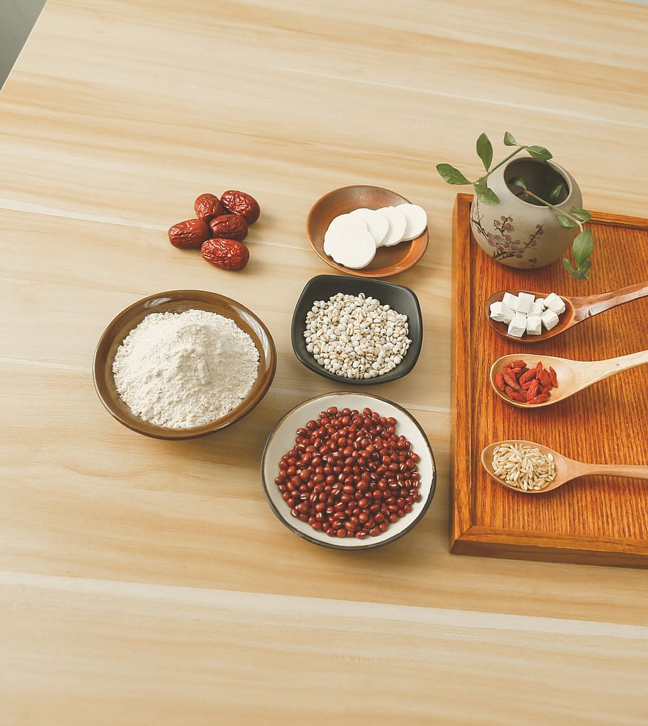 food photography of nuts on bowl and three serving spoons with  ingredients HD wallpaper
