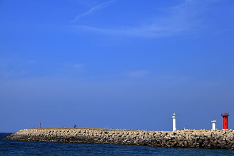 sea, sky, lighthouse, breakwater, jeju island, blue, nature HD wallpaper