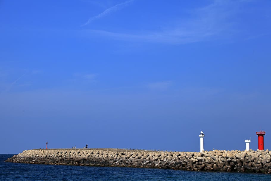 sea, sky, lighthouse, breakwater, jeju island, blue, nature HD wallpaper