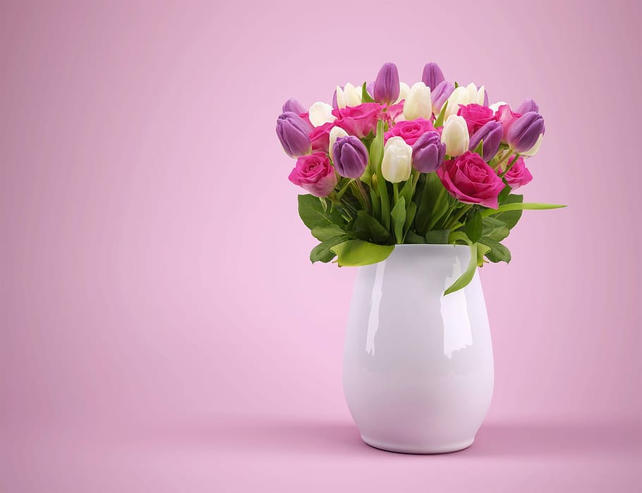 bouquet of purple, pink, and white petaled flowers in white ceramic vase, HD wallpaper
