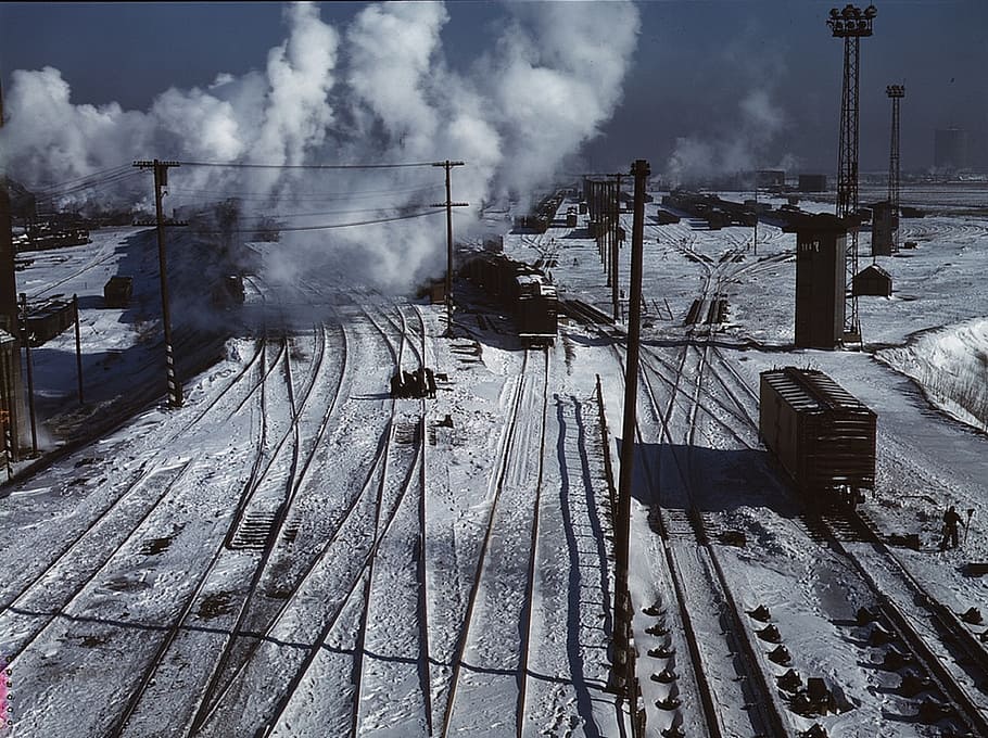 railroad yard, winter, snow, cold, trains, landscape, industrial HD wallpaper