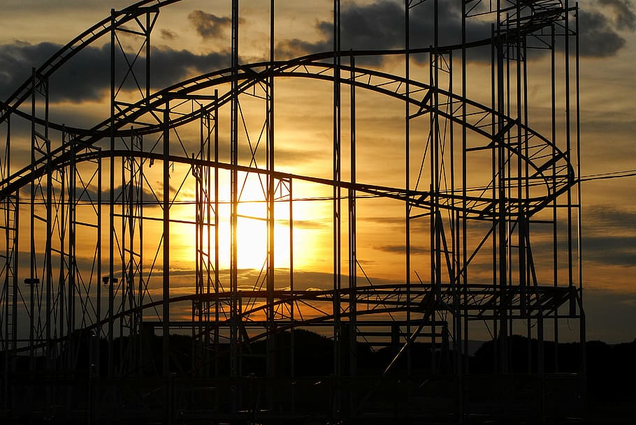 silhouette photography of roller coaster rails, sunset, dusk HD wallpaper