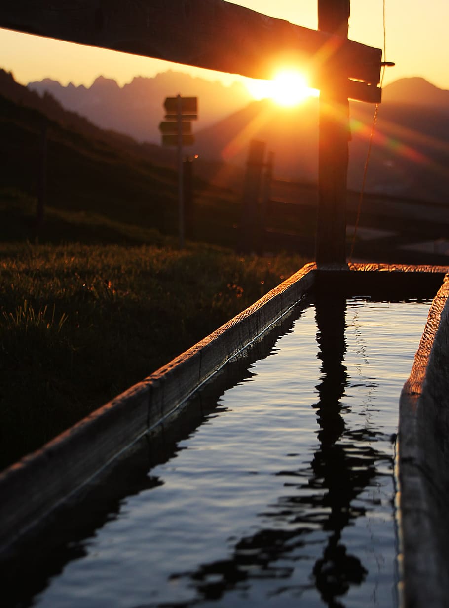 Sunset, Austria, Mountains, Alpine, fountain, abendstimmung HD wallpaper
