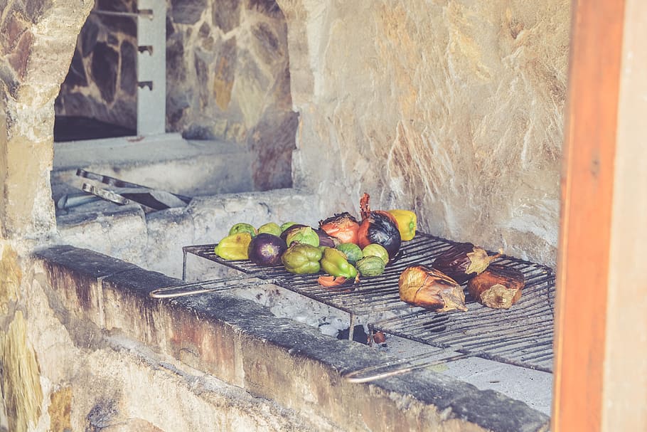 vegetables, vegetation, grill, kitchen, fireplace, food, food and drink HD wallpaper