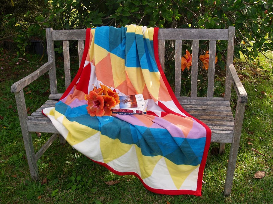 bench, seat, rug, wooden, colorful, books, flowers, hibiscus, HD wallpaper