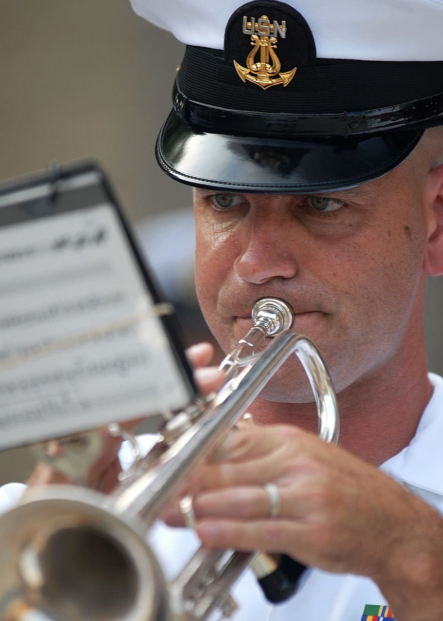 Trumpeter, Performance, Music, playing, instrument, navy, male HD wallpaper