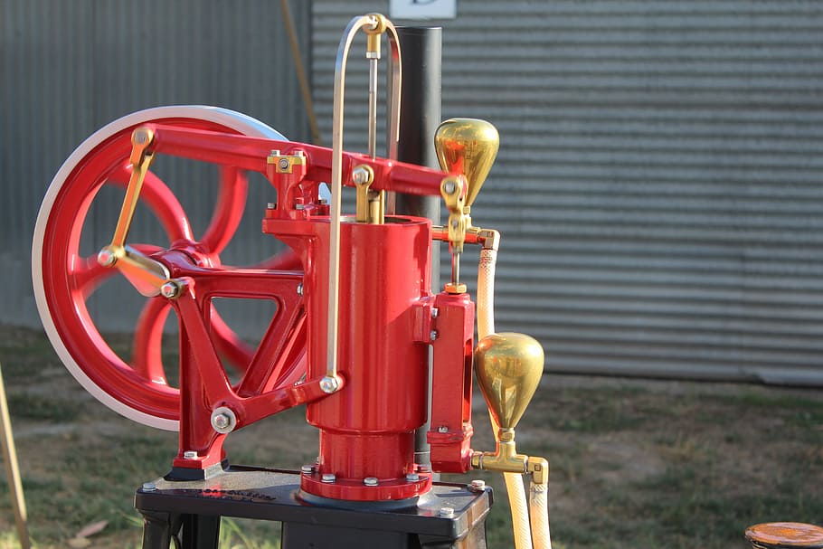 single cylinder, engine, machine, vintage, antique, old, red HD wallpaper