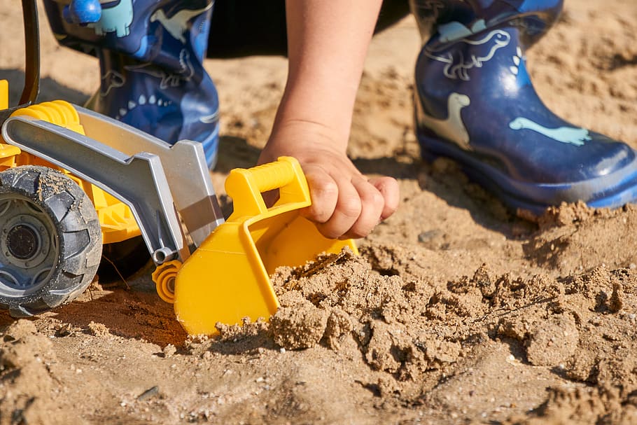 excavators, sand, loading, toys, child, play, sand pit, close up