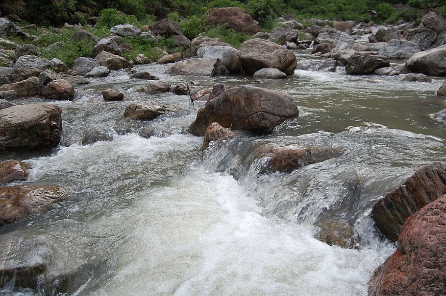 water, and, stone, rock, solid, rock - object, motion, river HD wallpaper