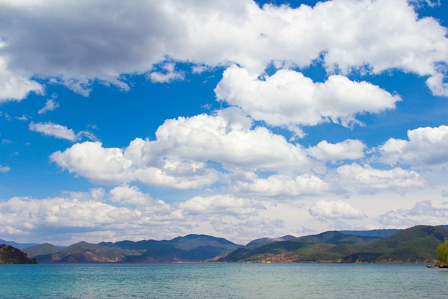 lugu lake, lijiang, blue sky, landscape, cloud - sky, water, HD wallpaper