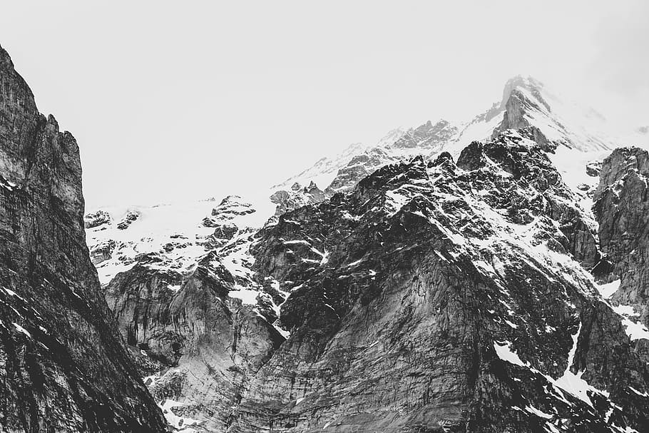mountains, rocks, cliffs, snow, peak, black and white, cold temperature HD wallpaper