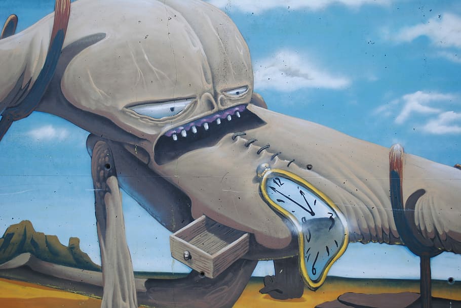 clock and desk on desert surrealism painting, Salvador Dali, Graffiti, HD wallpaper