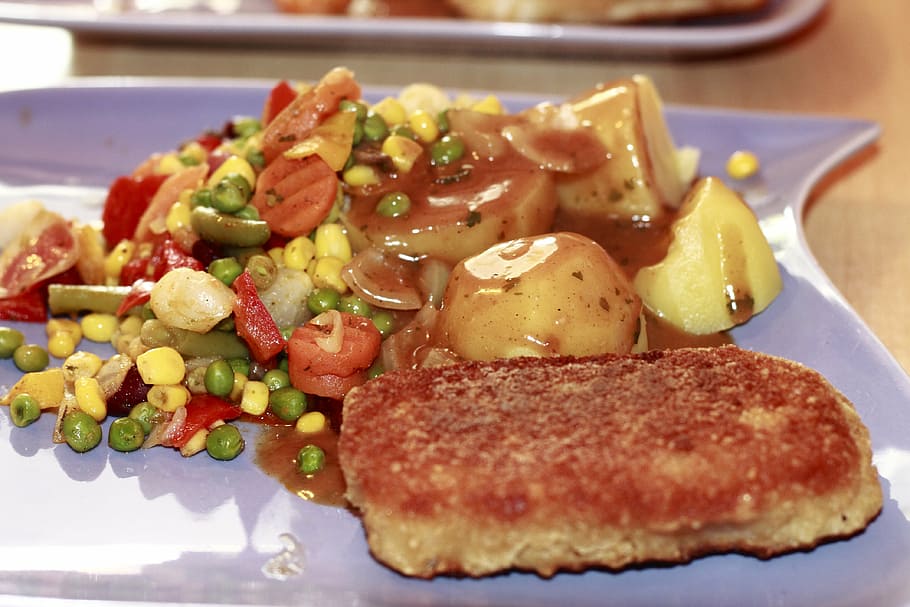 potato, sauce, vegetables, fried fish, nutrition, delicious HD wallpaper