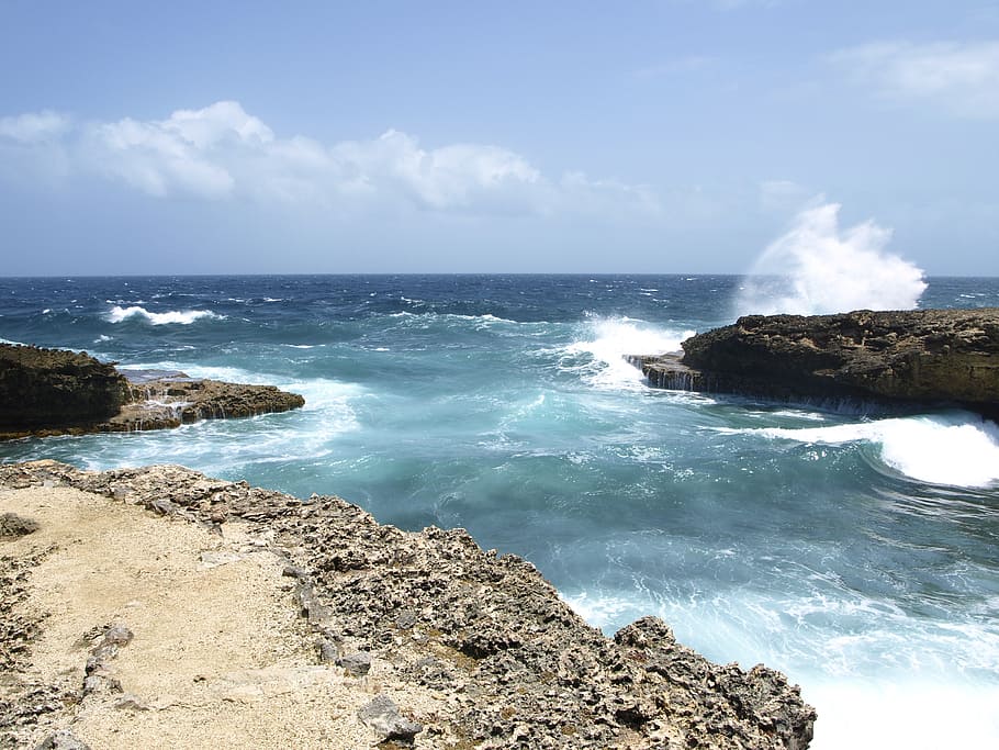 rock formation on body of water, sea, caribbean, wave, coast, HD wallpaper