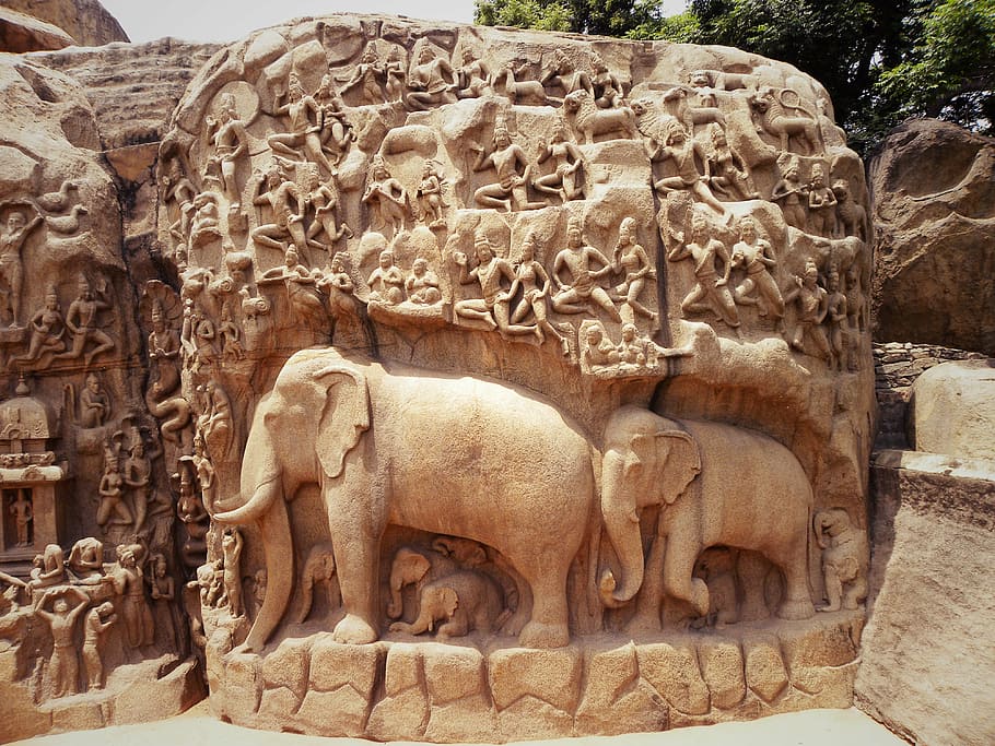 brown elephant stone carve statue, art, rock, carving, sculpture, HD wallpaper