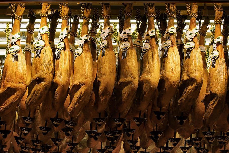 dried meat hanged with brown ropes, Jamon, Iberico, Iberico, Ham