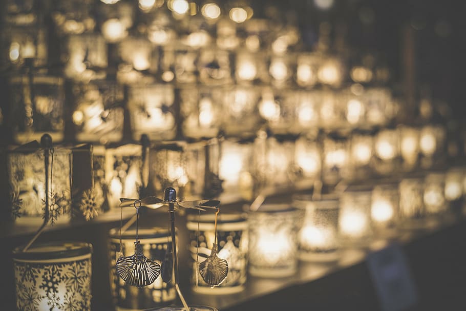 lit candle holder lot, lamp, design, art, dark, night, light HD wallpaper