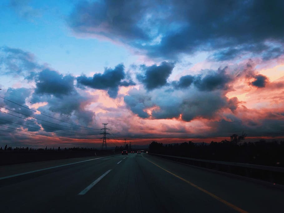 gray asphalt road, photo of concrete rode with blue clouds, sunset, HD wallpaper