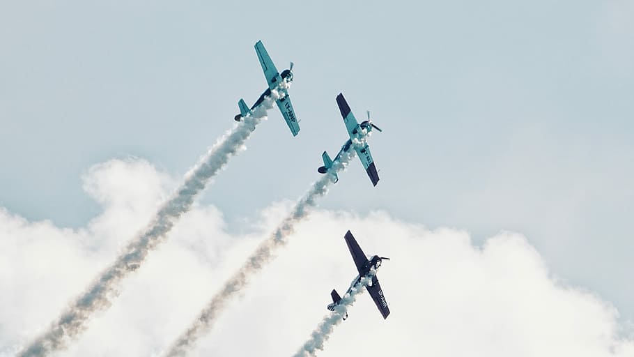 three gray plane showing smoke, three white airplanes, air vehicle HD wallpaper