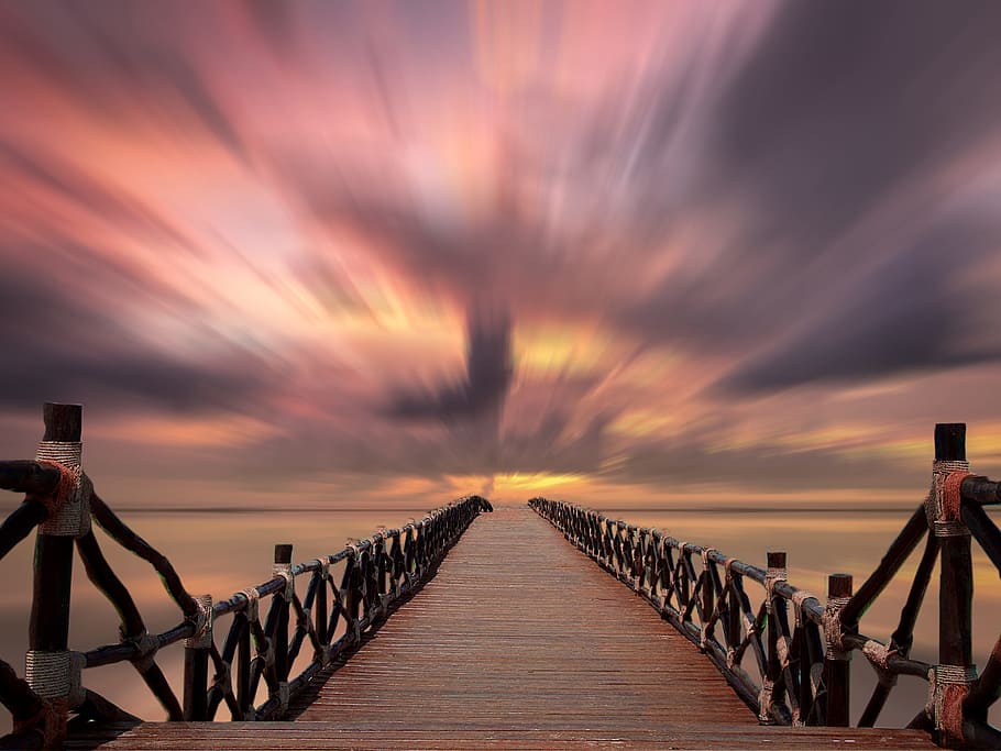 timelapse photo of wooden bridge during golden hour, sunset HD wallpaper