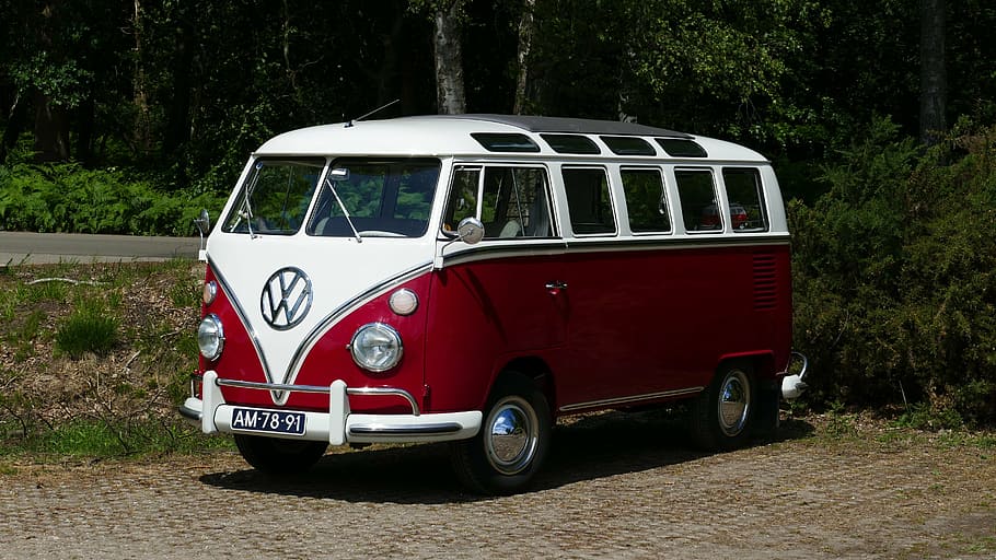white and red Volkswagen T2 parked near street, vw bus, 1967