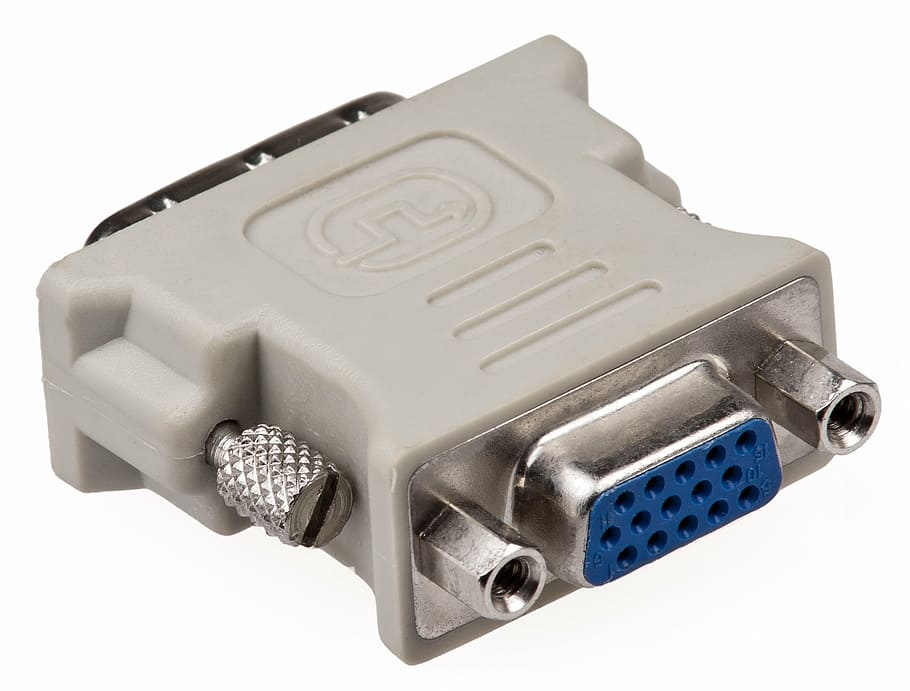 dvi, vga, adapter, white background, metal, close-up, indoors