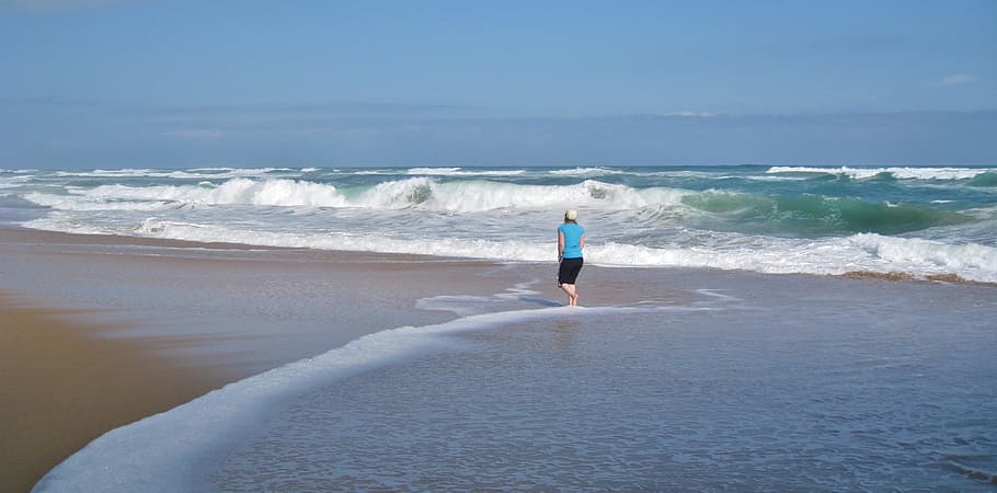 person walking on beach, sea, wave, surf, coast, nature, crusher