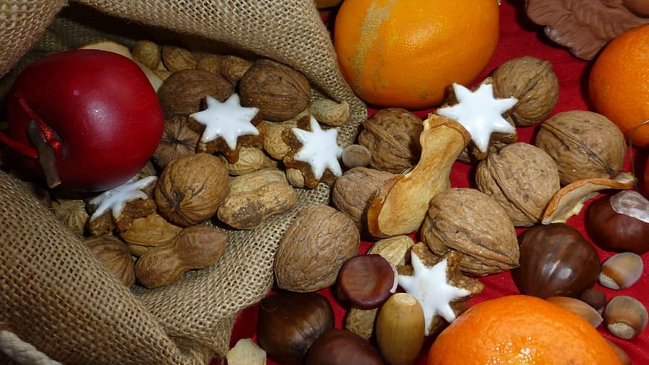 assorted-variety of nuts, advent, apple, zimtstern, orange HD wallpaper