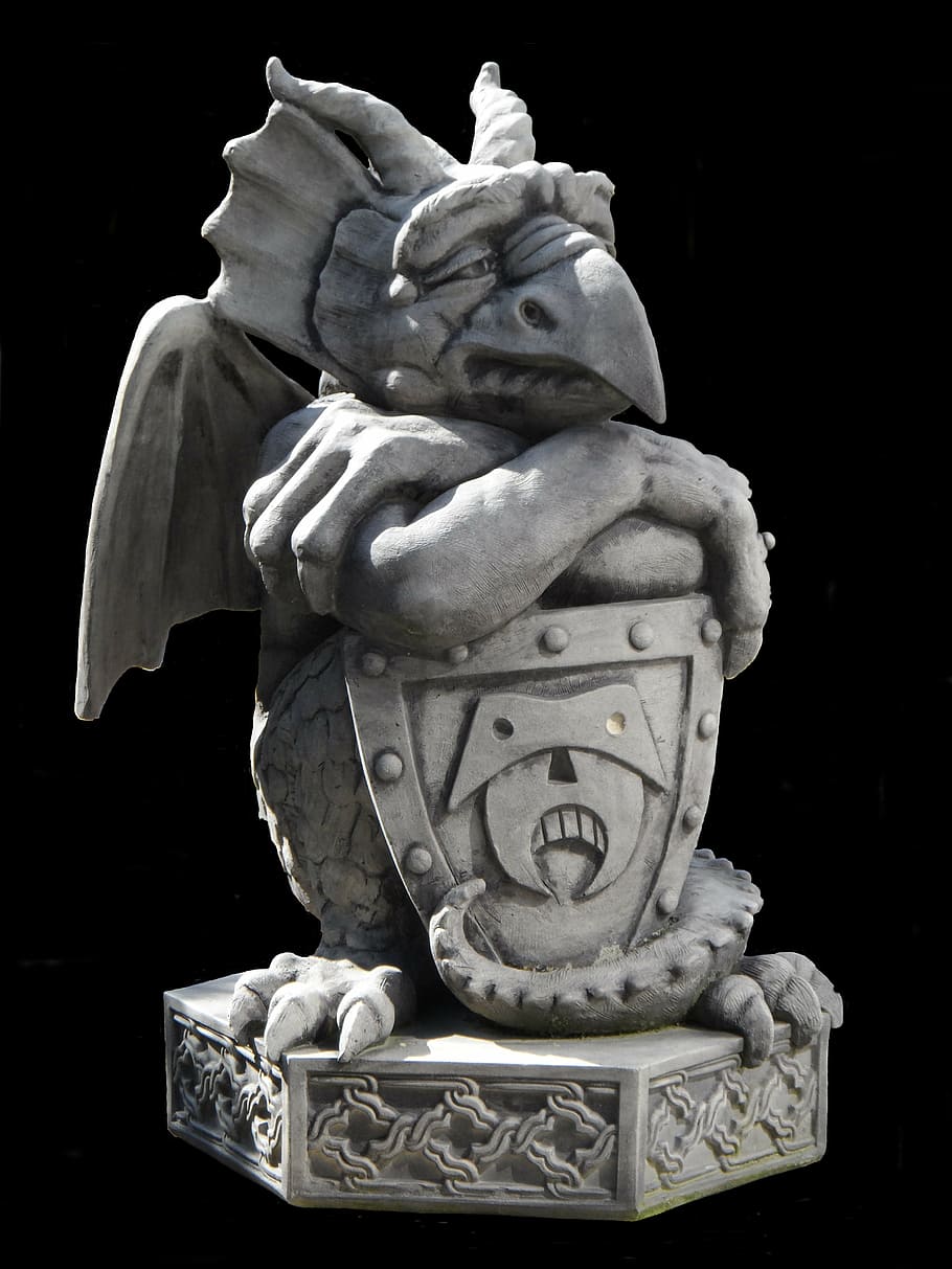 grey gargoyle statue, sculpture, gnome, dragon, stone, horticulture
