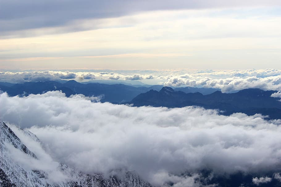 white clouds, sea of clouds, mountains, look down, peaks, france HD wallpaper