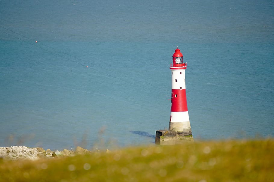 red and white lighthouse near body of water, lake, security HD wallpaper