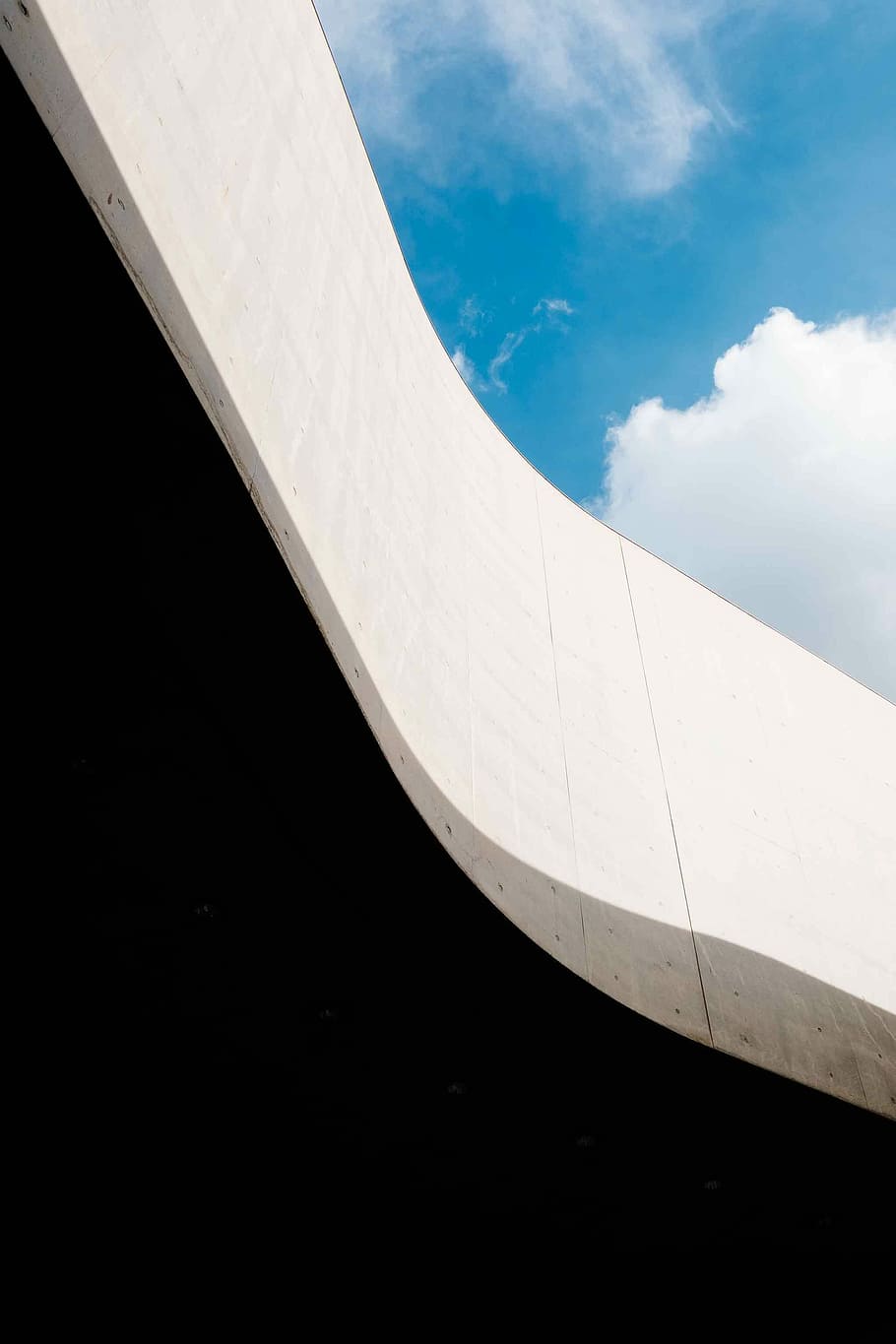 white concrete establishment under blue skies, low angle photography of white wall under white and blue skies HD wallpaper