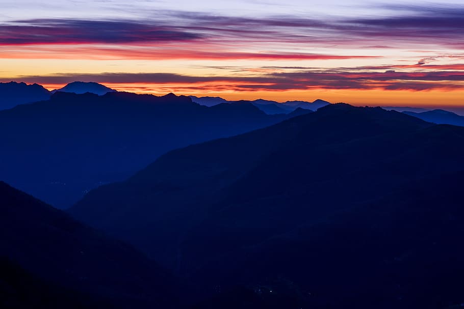 mountain ranges under orange sky during sunset, mountains during sunset HD wallpaper
