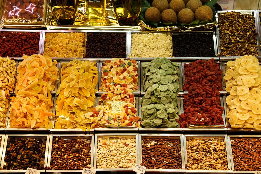 pile of spices and peanuts, fruit, dried, candied, market, called rothmans, HD wallpaper