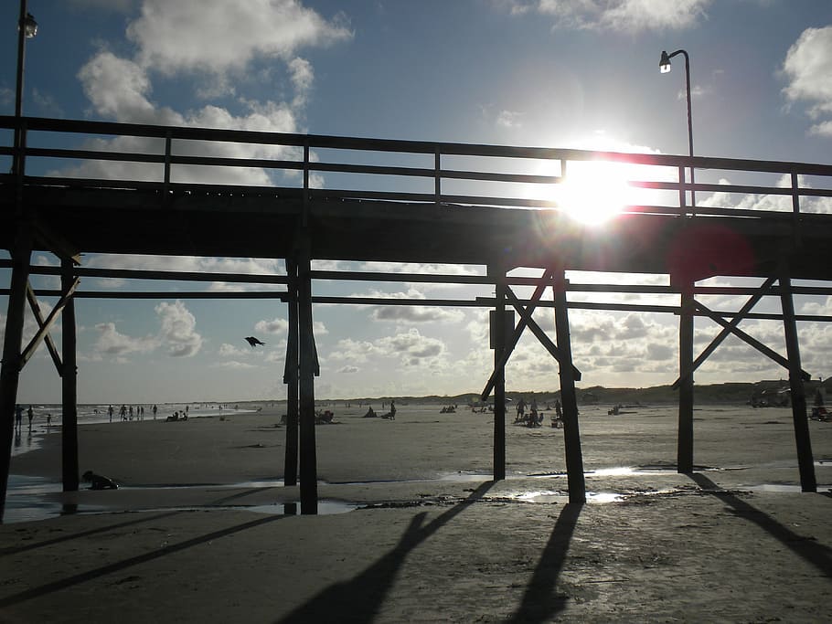 pier, sunlight, landscape, beach, coast, sunset, coastline HD wallpaper