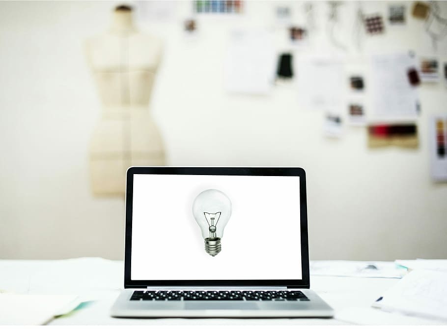 turned-on laptop with light bulb on screen, idea, creative, inspirational, HD wallpaper