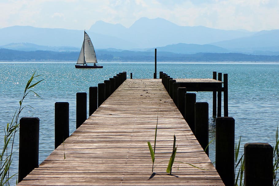 brown wooden dock, web, boardwalk, horizon, water, lake, sailing vessel, HD wallpaper