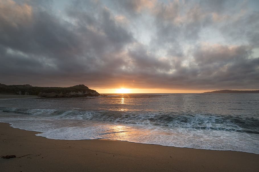 sea shore with wave, sunset, coastline, beach, sand, waves HD wallpaper