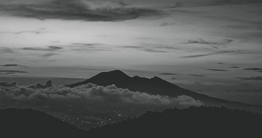 aerial grayscale photo of volcano during cloudy day, blackandwhite HD wallpaper