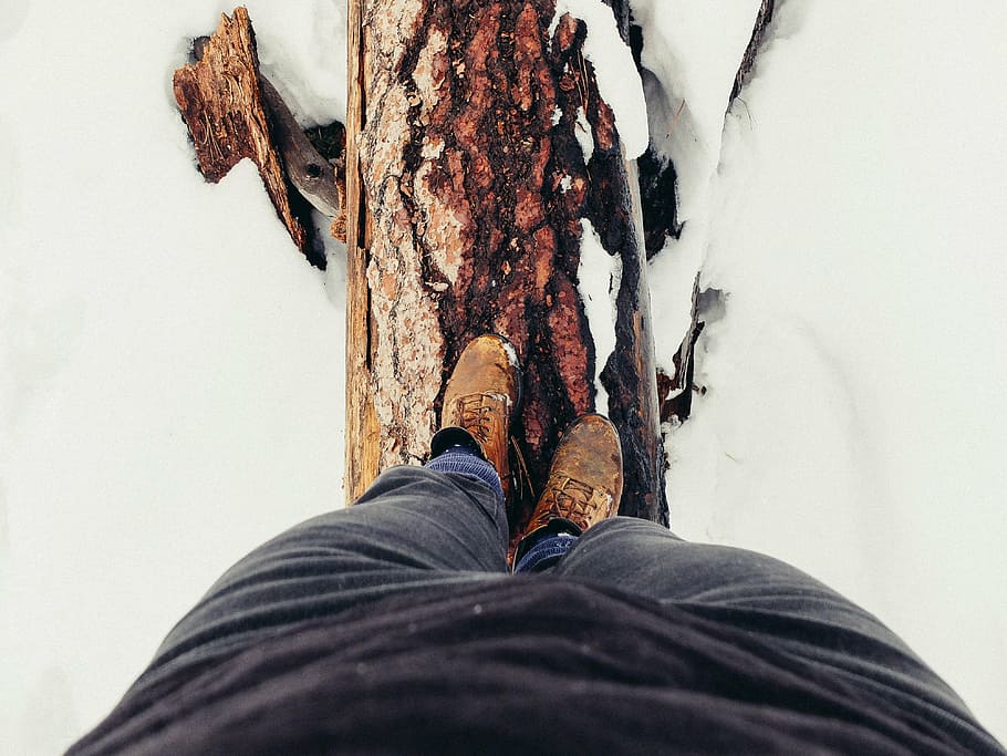 person wears black pants standing on brown tree log on snow field HD wallpaper