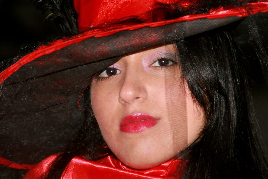 witch, hats, red, portrait, headshot, close-up, adult, women HD wallpaper