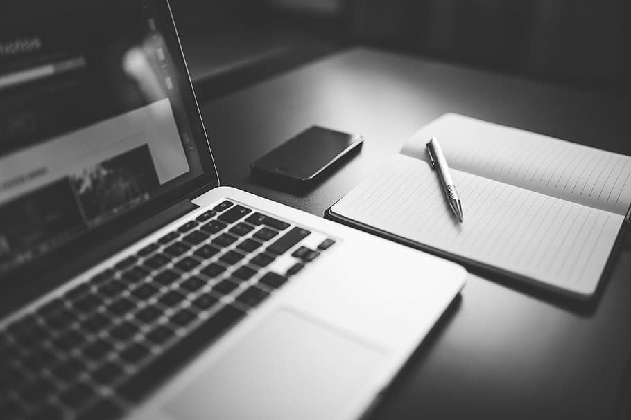 grayscale photo of pen on white notebook, iphone, laptop, macbook pro HD wallpaper