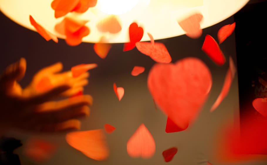snowflake, red hearts, romantic, dancing, close-up, no people HD wallpaper