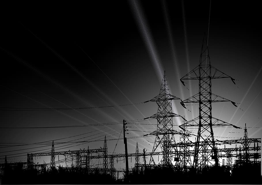 tower painting, current, energy, environment, power line, upper lines HD wallpaper