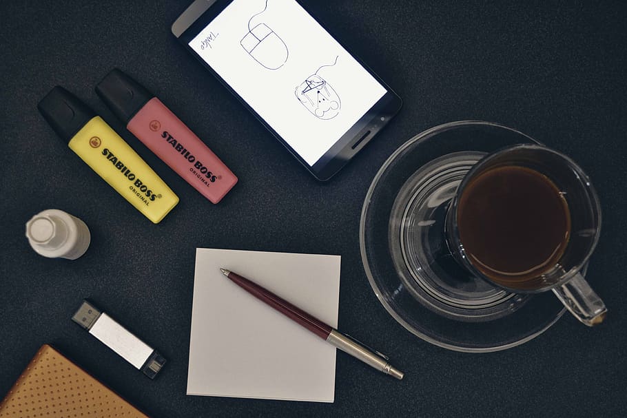 clear glass mug beside brown click pen, Cyber, Flat, Design HD wallpaper